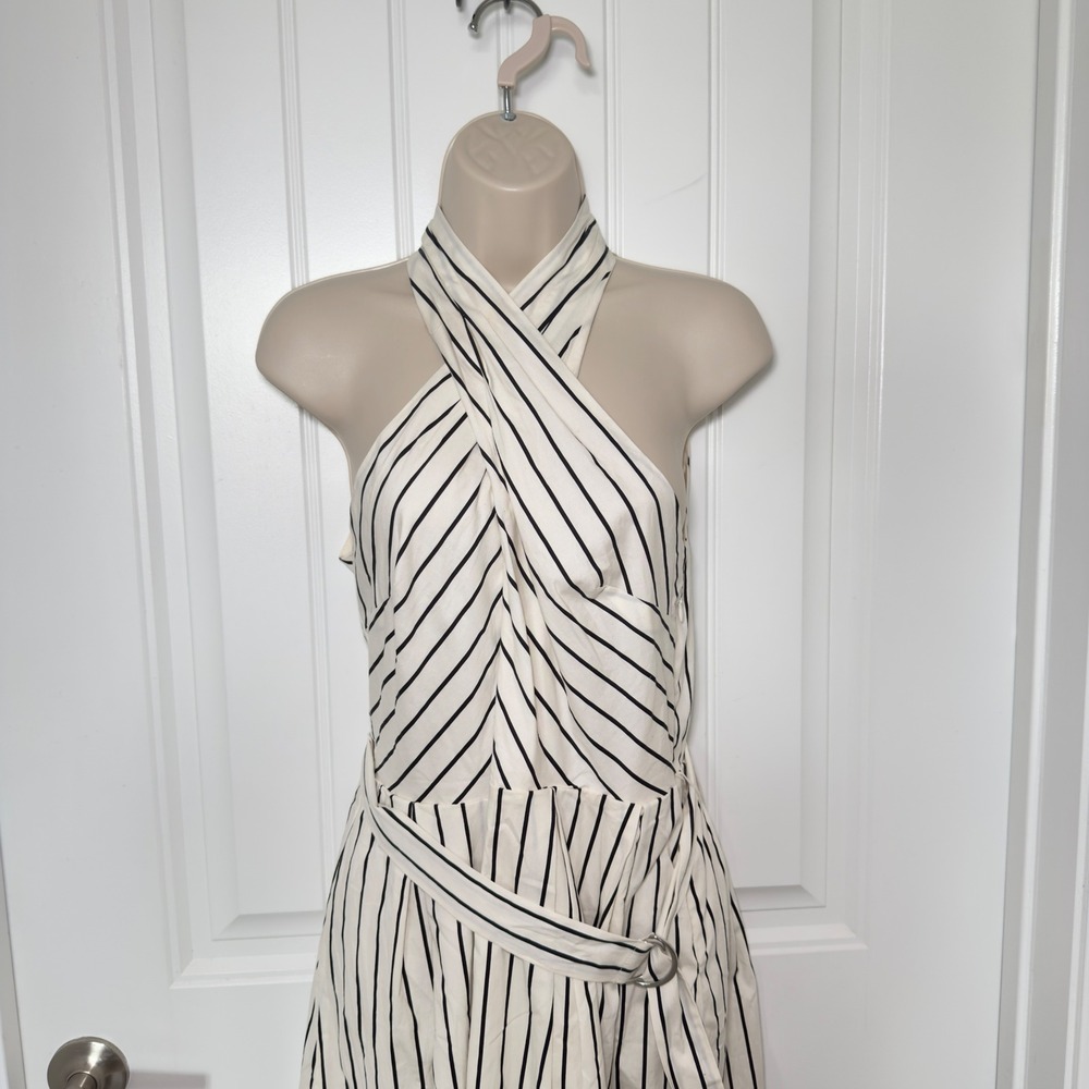 Scoop Belted Striped Small Belted Halter Long Midi Dress Coastal Chic Nautical - Picture 3 of 8